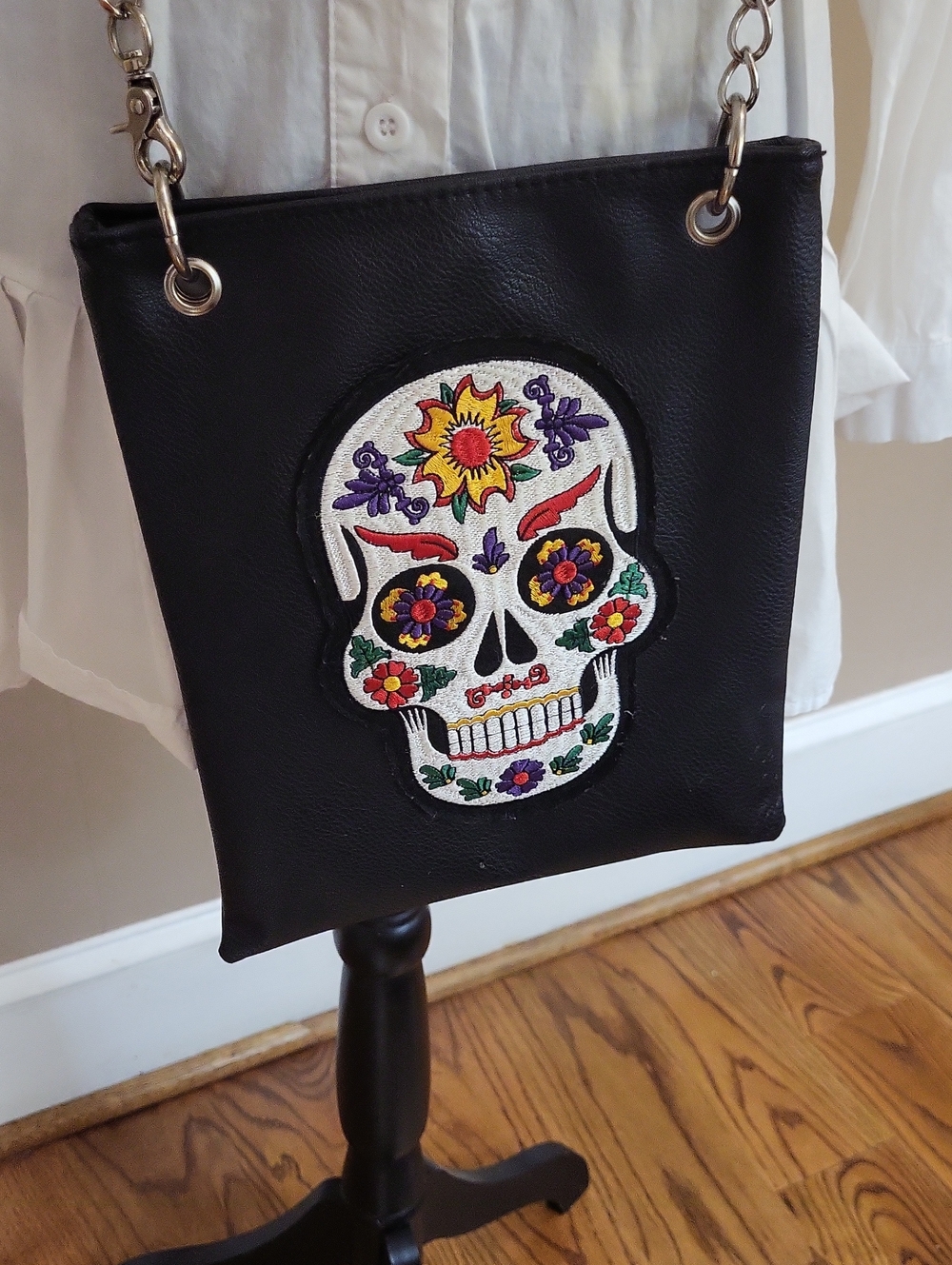 Black Crossbody Bag with Colorful Sugar Skull Embroidery